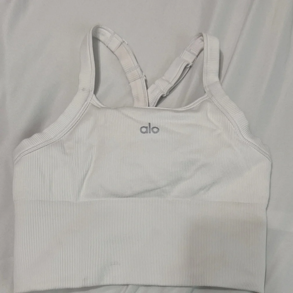 ALO Yoga White Ribbed 'Mindful Movement' Sports Bra